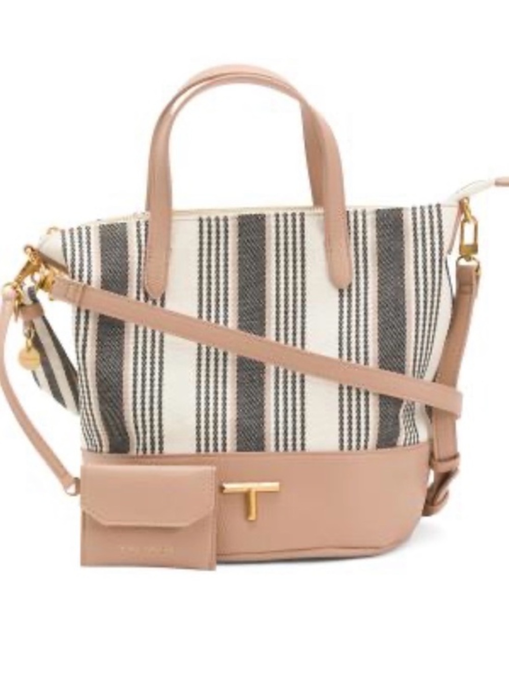 Tahari Black & Cream Striped Bucket Satchel with Tan Trim With Crossbody Strap